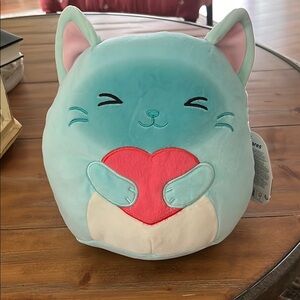 Squishmallows Teal Cat Plush with Pink Heart
